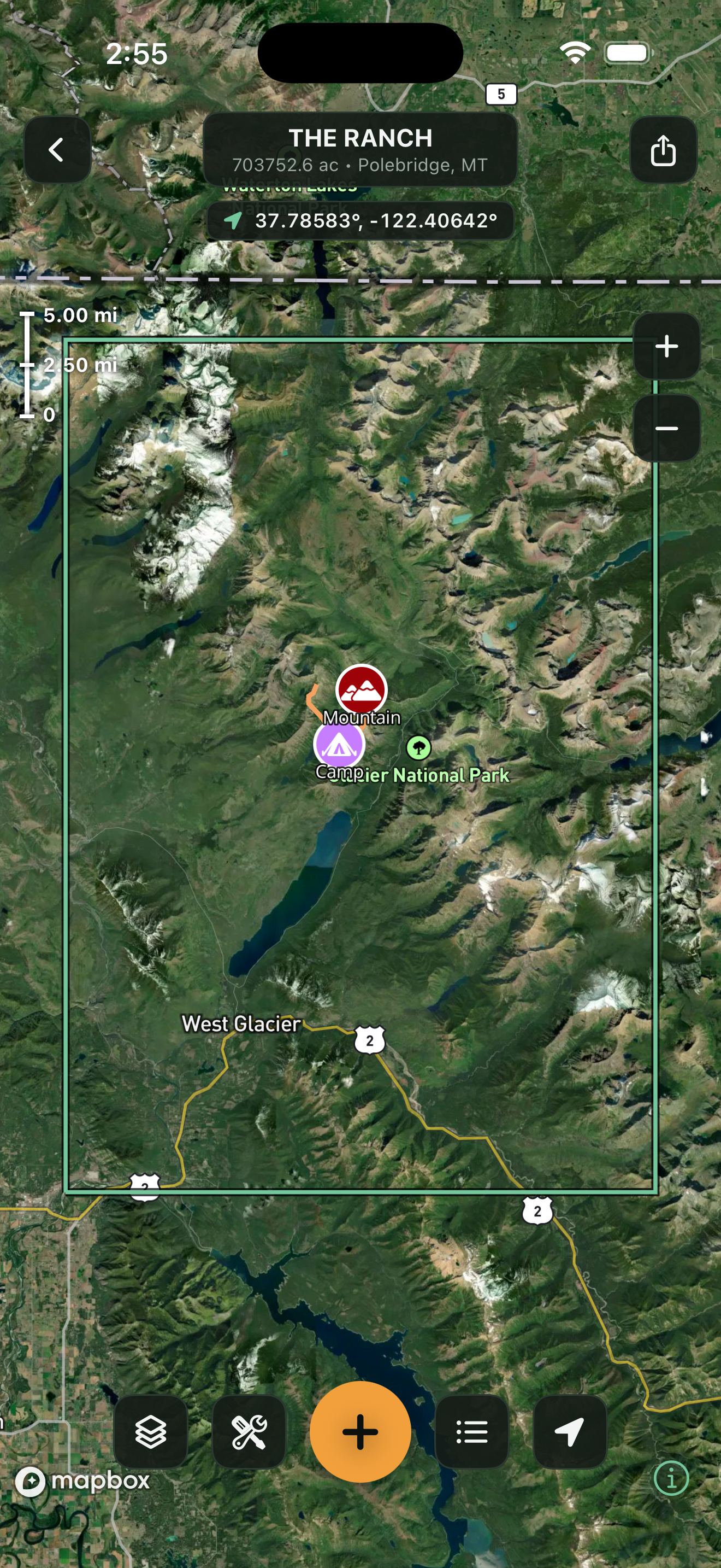 TerraMarker map showing the set map area outline over satellite imagery